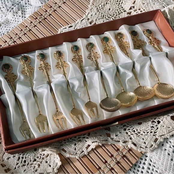 RARE Ornate Gold Hammered Miniature Tea Spoon Fork Utensil Appetizer Set - Picture 1 of 9